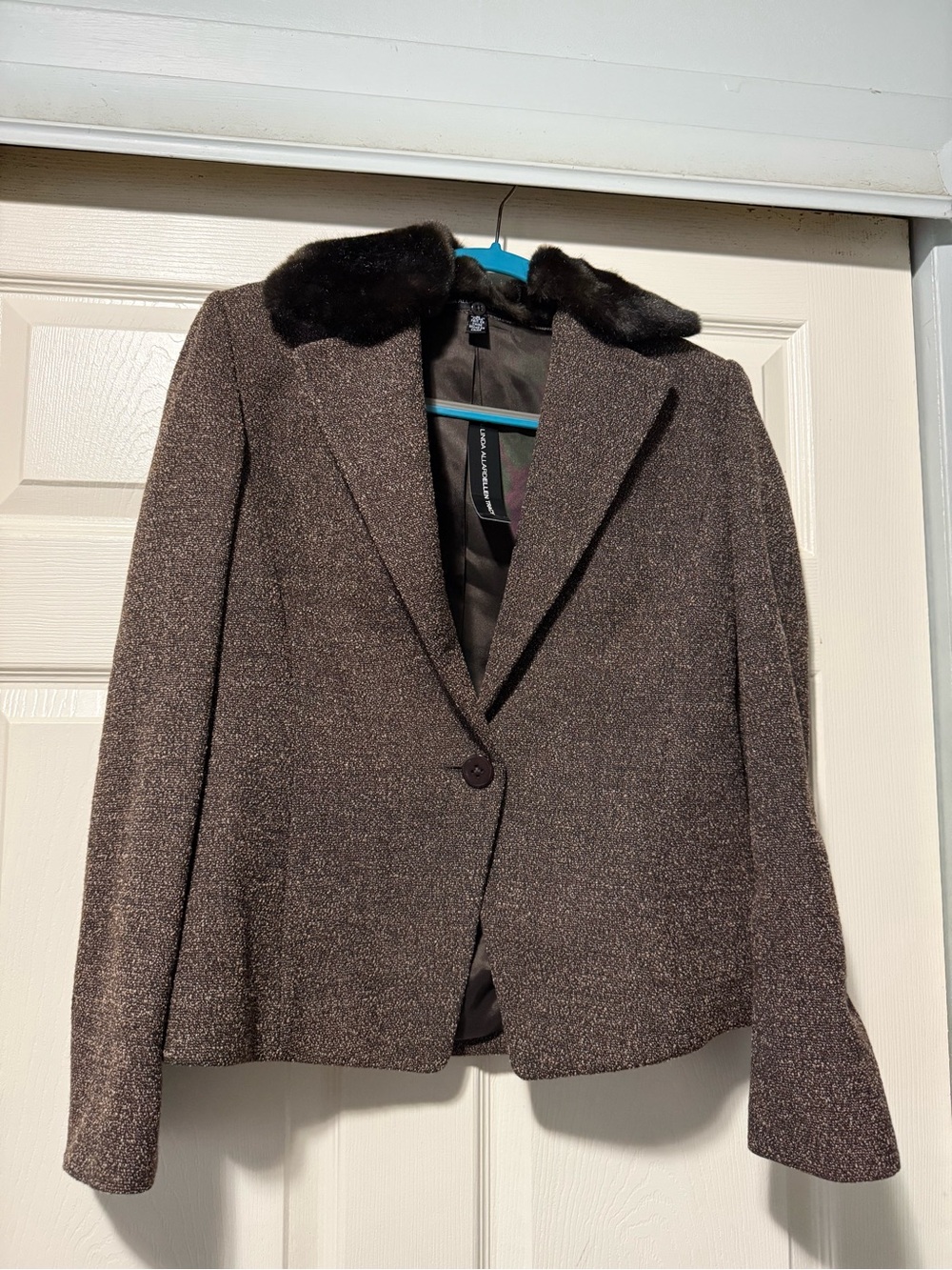 brown tweed jacket with a removable faux fur collar by Linda Allard Ellen Tracy